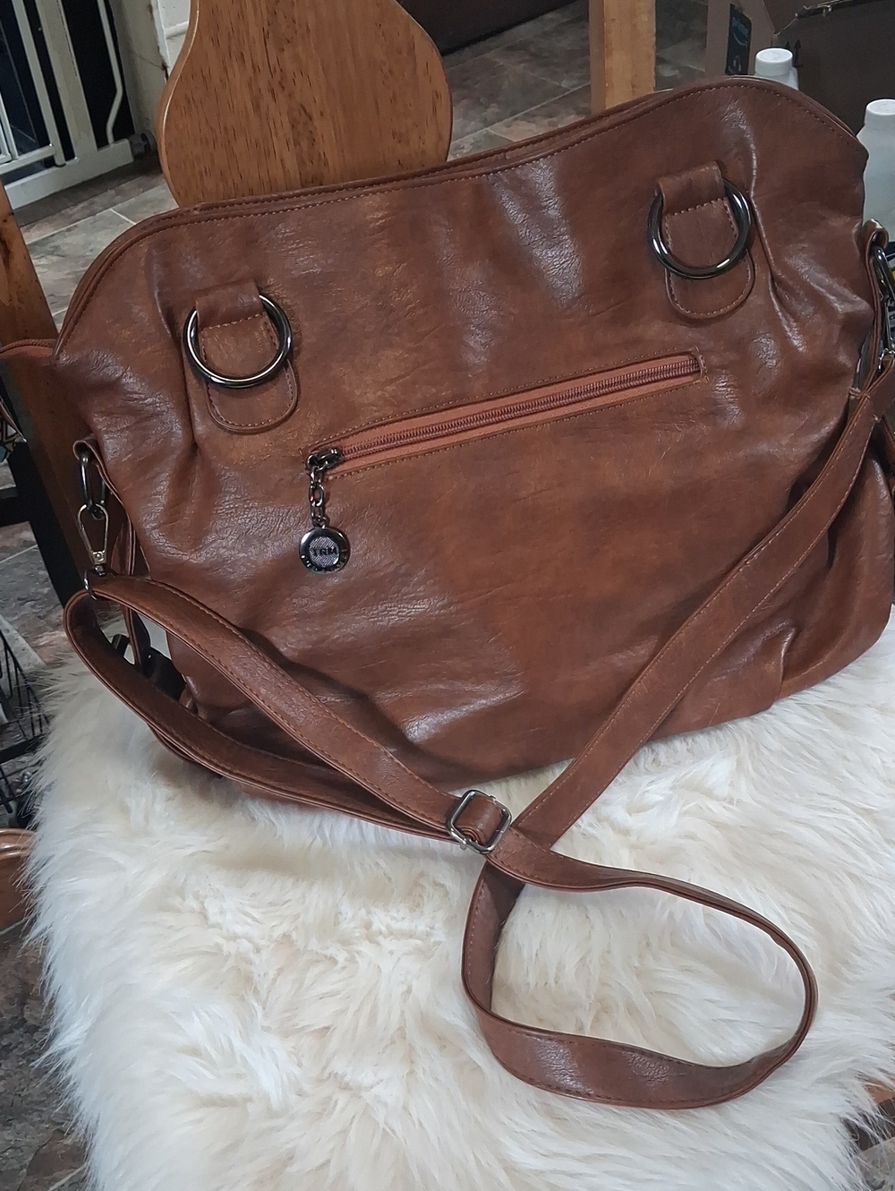 Classic Brown Faux Leather Shoulder Bag with Adjustable Strap